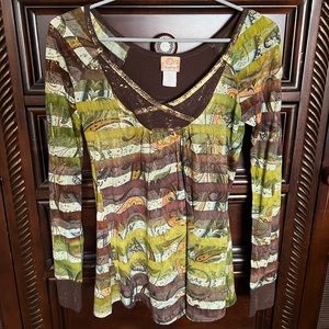 Daytrip Long Sleeve Green Brown Gold Top
